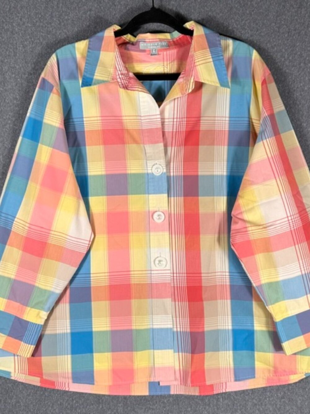 Foxcroft Button Down Shirt Womens Sz 22W Pastel Plaid Wrinkle Free Long Sleeve